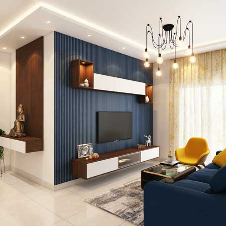Room Interior with blue couch and mounted wall TV